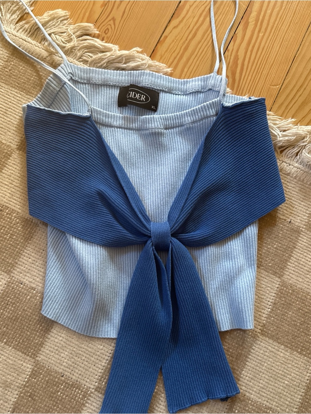 Cider Light Blue Ribbed Tank with Navy Tie Front